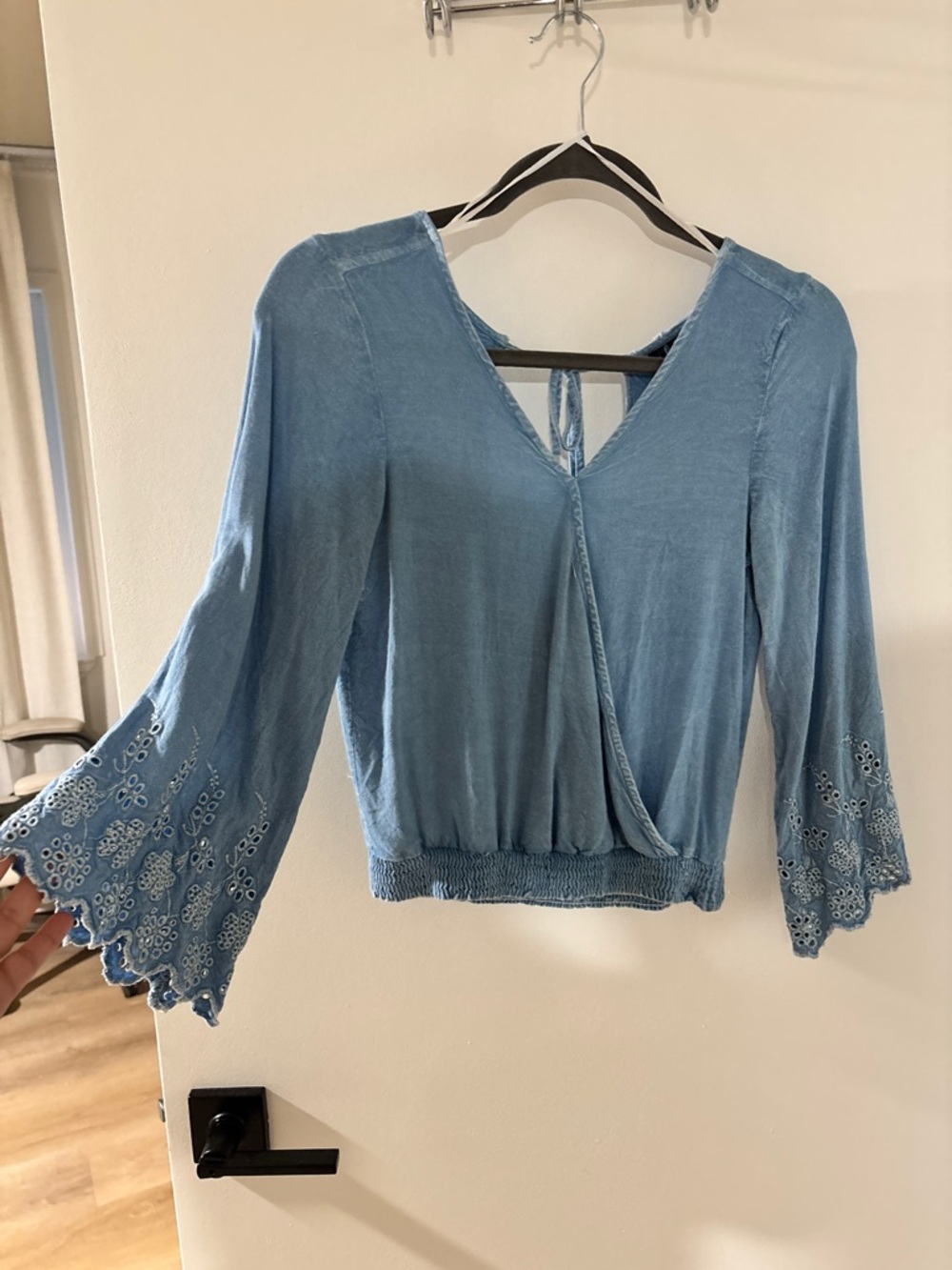 Light Blue Embroidered Bell Sleeve V-Neck Top